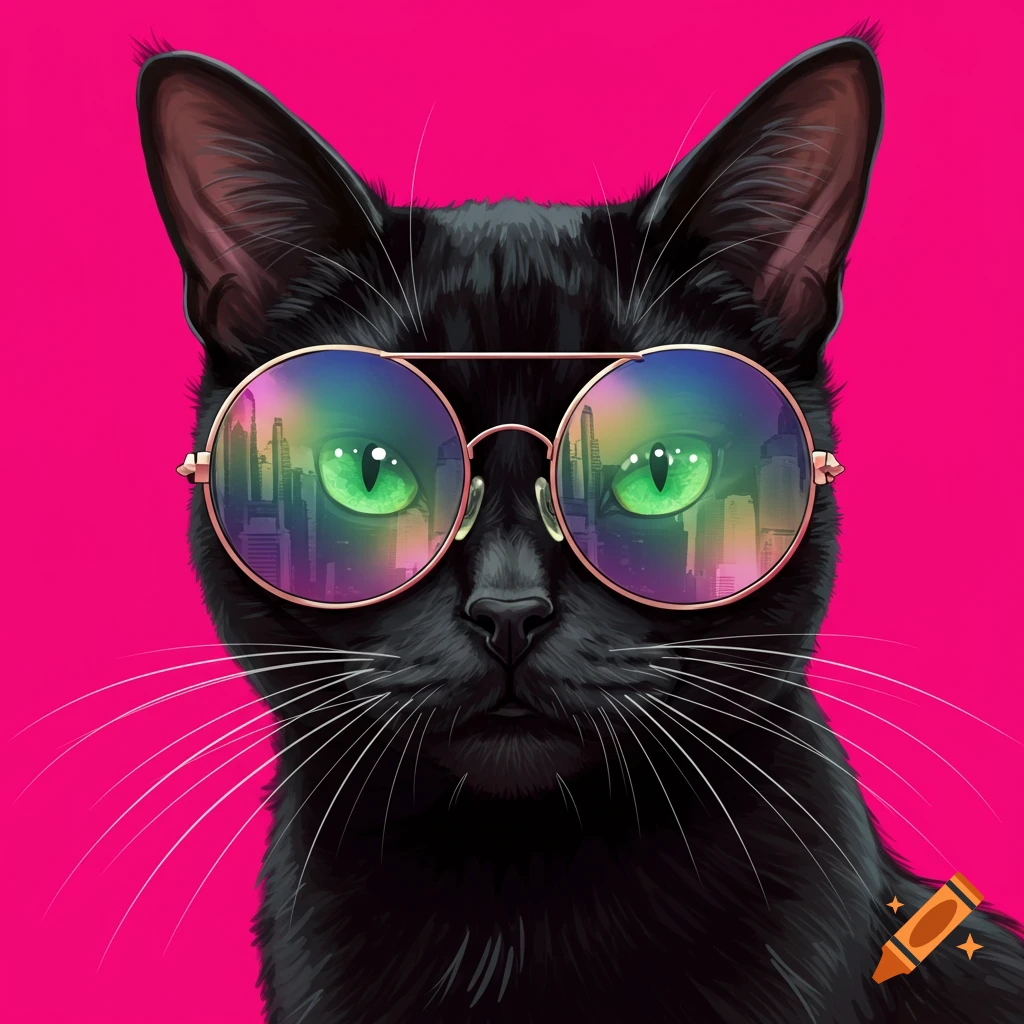 A stylized illustration of a black cat wearing round sunglasses with a city reflection and bright green eyes against a vibrant pink background.