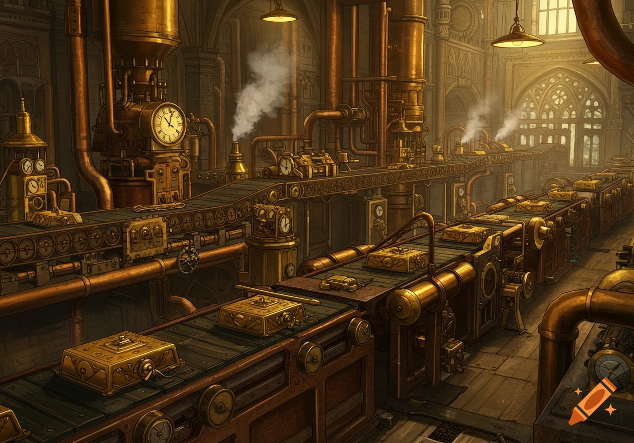 A detailed steampunk factory interior with multiple conveyor belts carrying golden boxes, surrounded by brass machinery, pipes, and clocks, bathed in warm light.