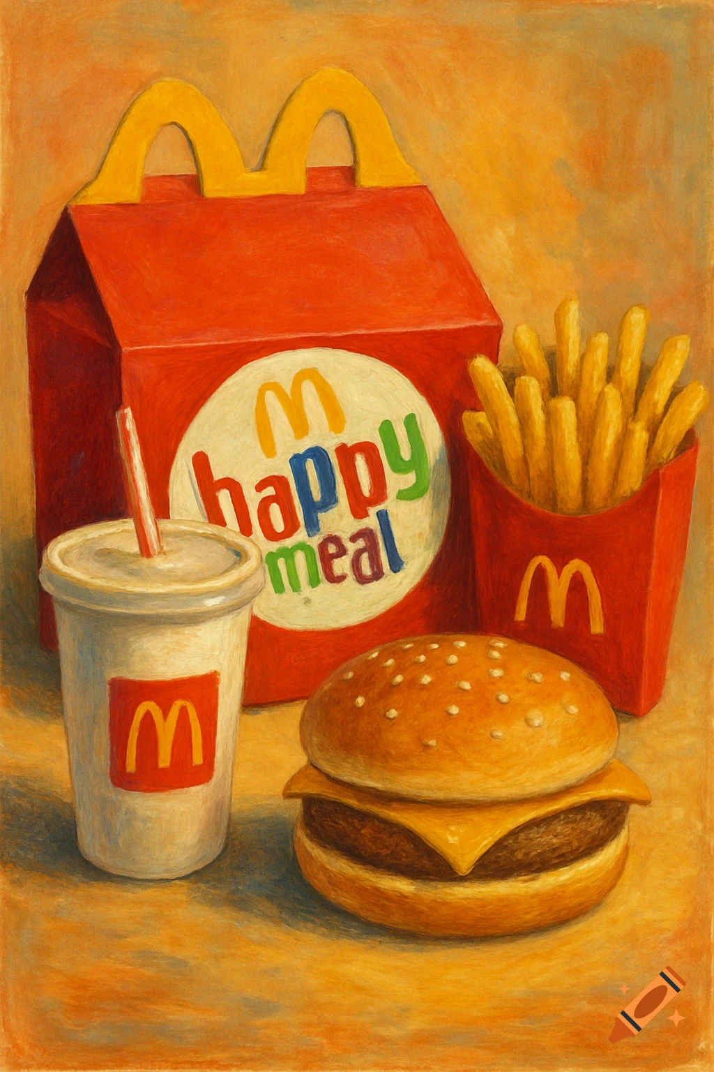 A still life painting of a McDonald's Happy Meal, featuring a red box, french fries, a drink with a straw, and a cheeseburger.