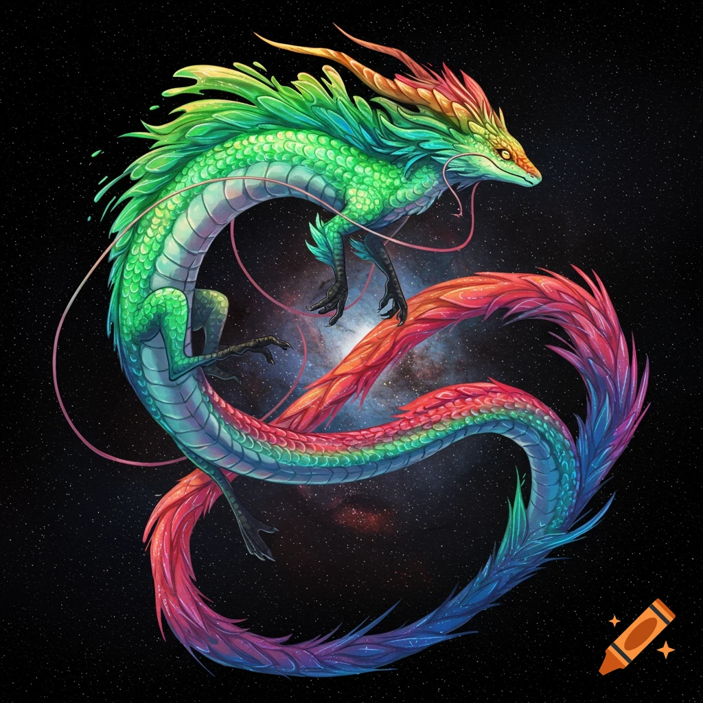 A vibrant, rainbow-colored dragon with a green head and red to purple tail, floats against a starry galaxy background.