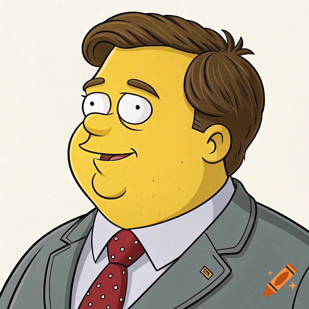 Cartoon portrait of a man with yellow skin and brown hair, wearing a suit and tie, in the style of The Simpsons.