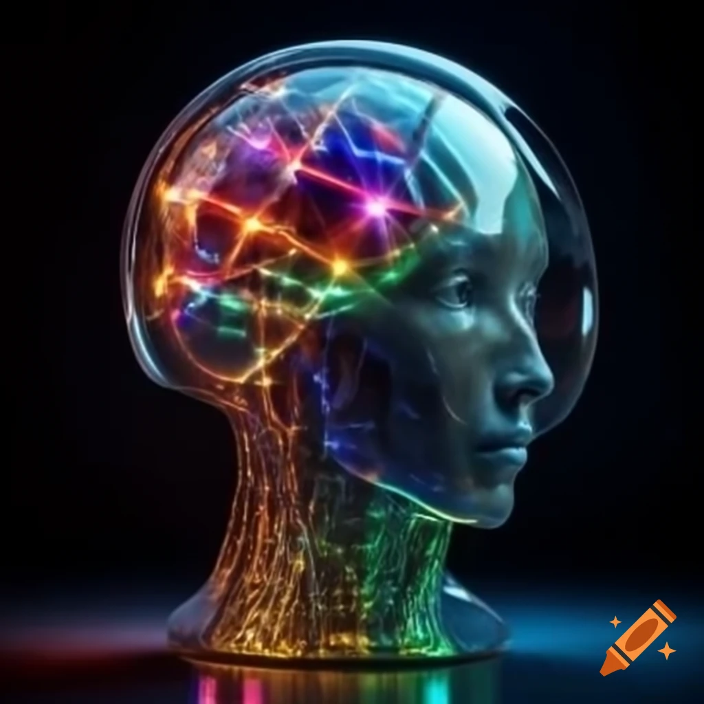Hyper-realistic android head made of transparent ceramic glass with colorful lights