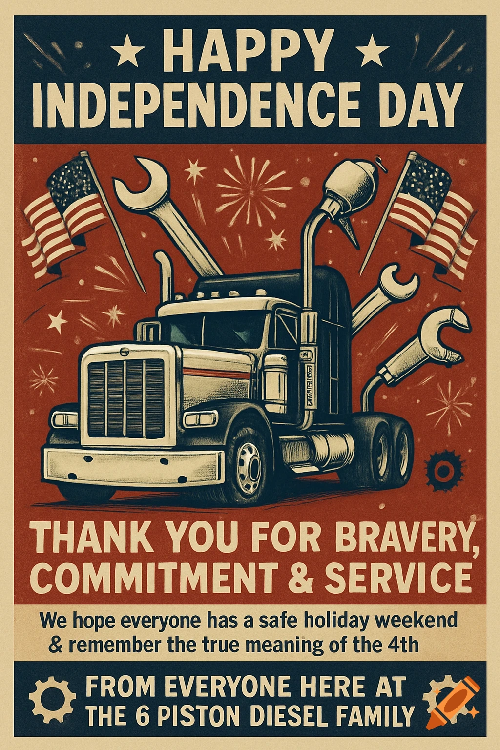 Vintage-style poster for Independence Day featuring a semi-truck, wrenches, US flags, and fireworks, with patriotic text.