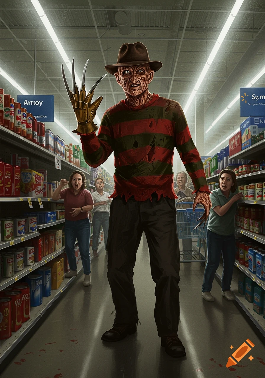 Freddy Krueger stands menacingly in a Walmart aisle, while shoppers react with fear. There are blood spatters on the floor.
