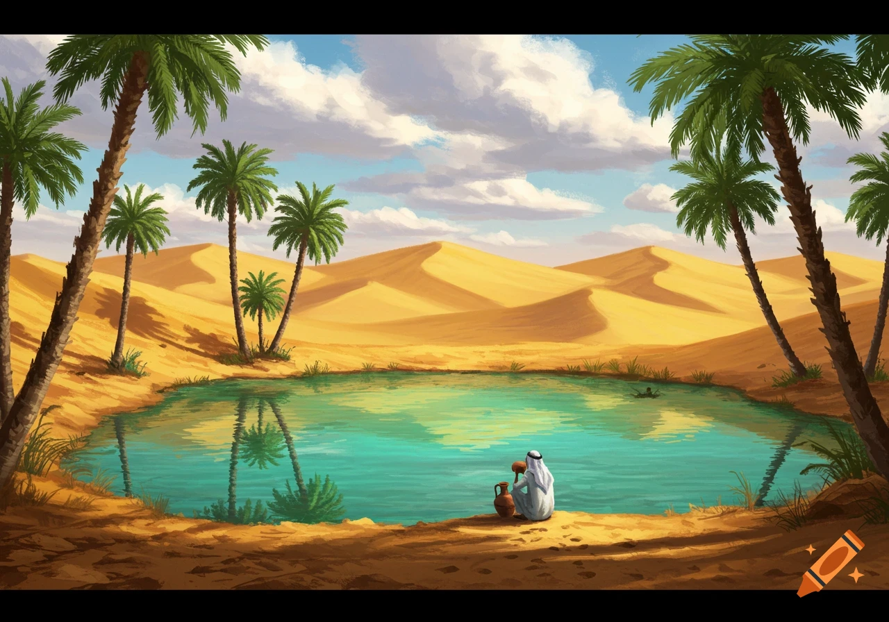 An illustrated desert oasis scene with a man by the water, surrounded by sand dunes and palm trees under a cloudy sky.