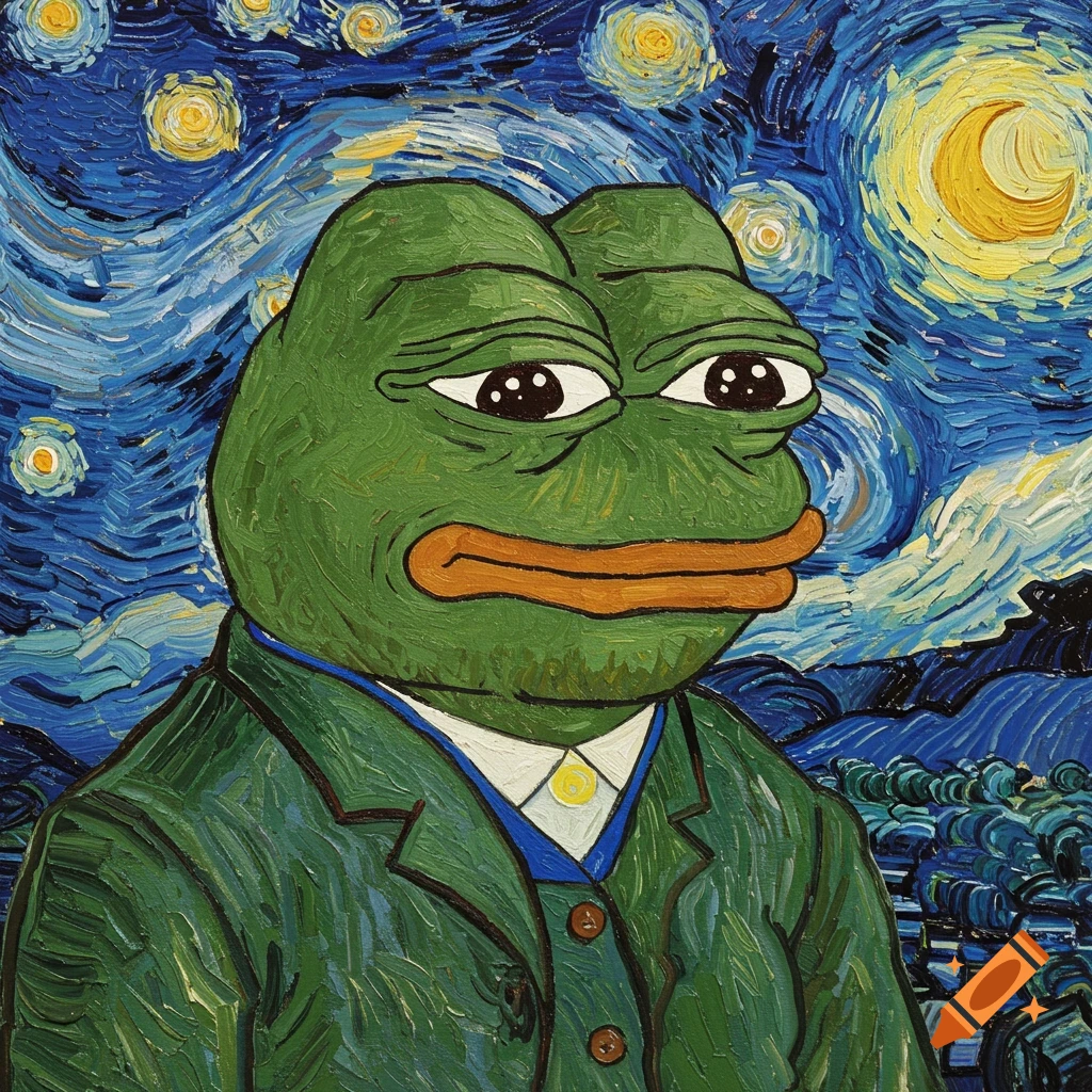 A portrait of Pepe the Frog painted in the style of Van Gogh's The Starry Night, with bold brushstrokes and a vibrant night sky background.