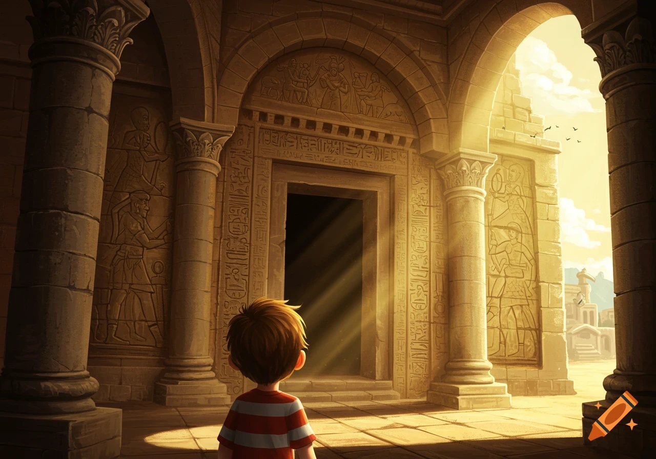 A young boy stands facing the sunlit entrance of a grand ancient temple with carved pillars and walls.