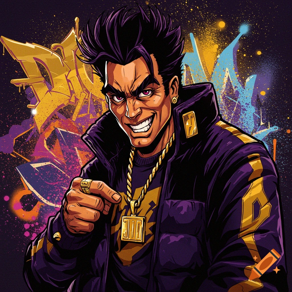 A stylized, muscular man with spiky purple hair and red eyes, wearing a purple puffer jacket and gold chains, points forward with a grin against a colorful graffiti background.