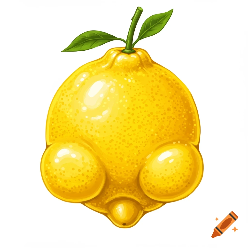 A whimsical cartoon illustration of a yellow lemon with rounded, butt-like protrusions, a stem, and green leaves.