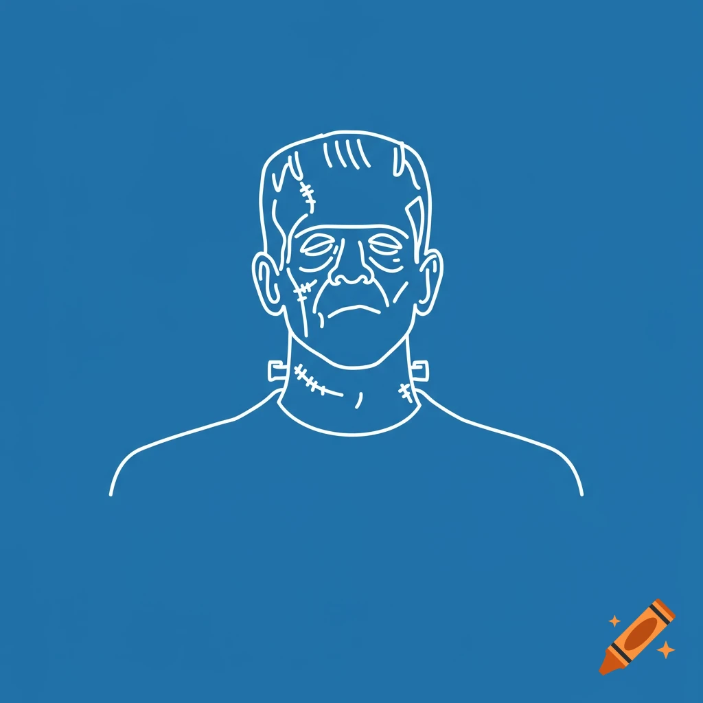 A simple white line illustration of Frankenstein's head and shoulders on a blue background.