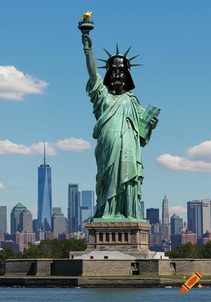 Photorealistic image of the Statue of Liberty with Darth Vader's helmet, holding a torch and a tablet, against a city skyline.
