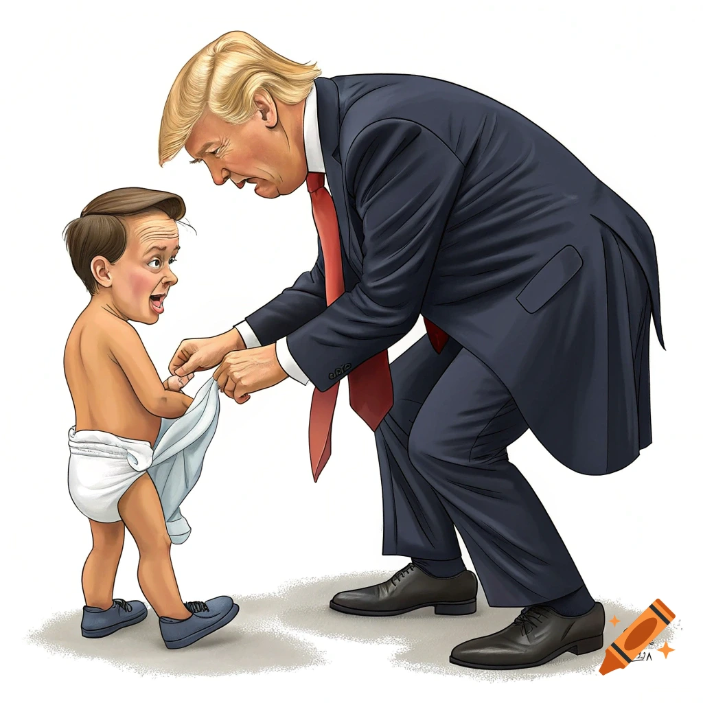 Cartoon illustration of Donald Trump putting a diaper on a child-like caricature of Mark Rutte on a white background.