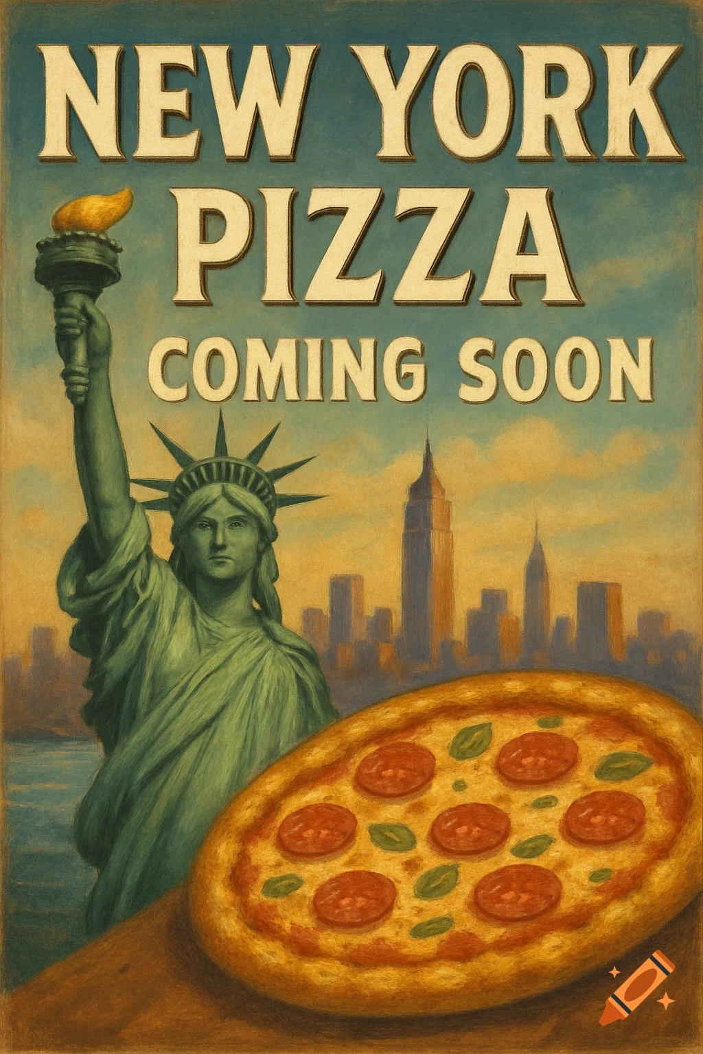 Vintage-style poster for New York Pizza featuring the Statue of Liberty, NYC skyline, and a large pizza.