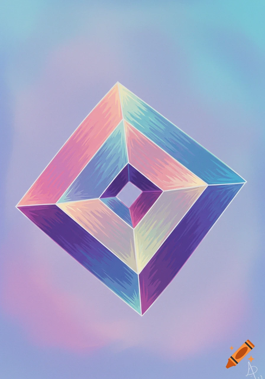 An abstract geometric shape with pastel pink, blue, yellow, and purple layers against a soft gradient background.