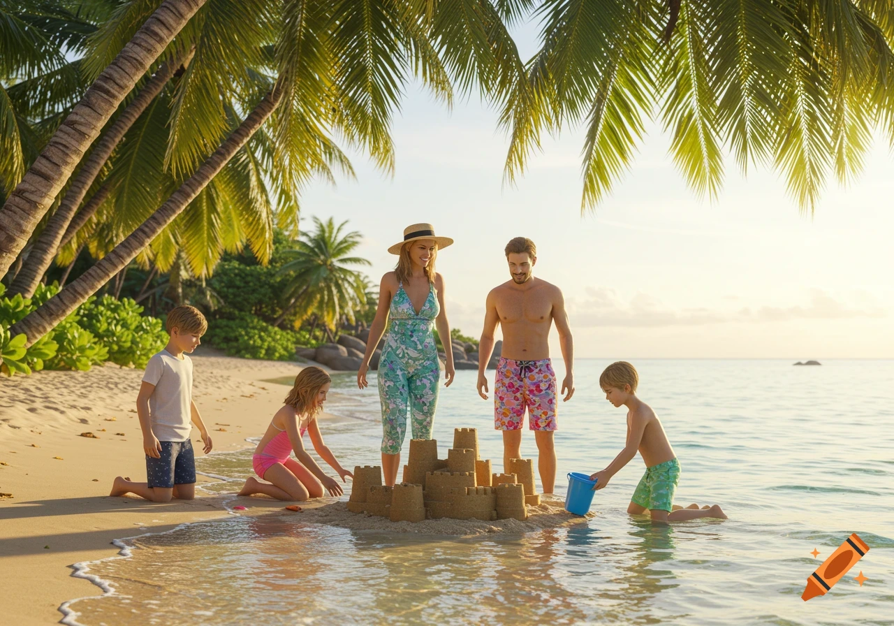 A family of four builds a sandcastle on a sunny tropical beach with palm trees.
