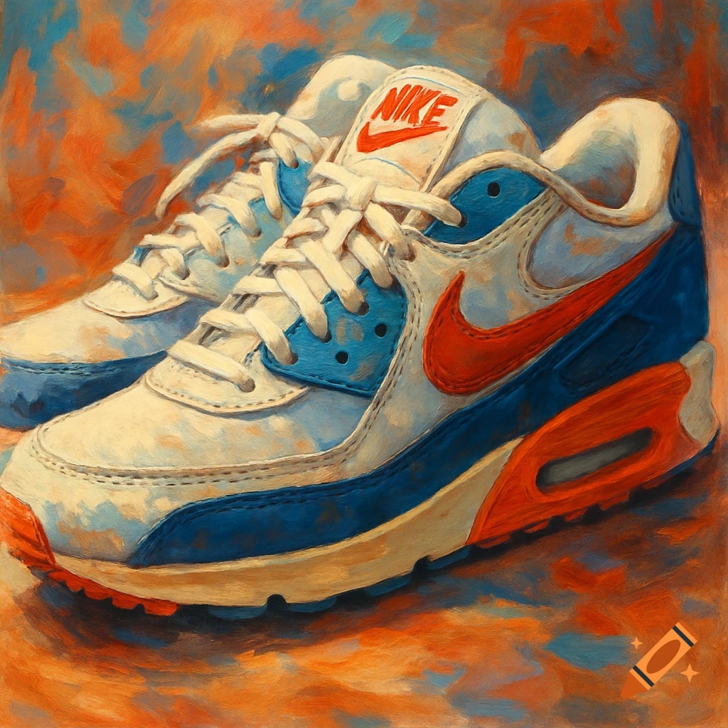 A vibrant oil painting of a pair of white, blue, and orange Nike sneakers.