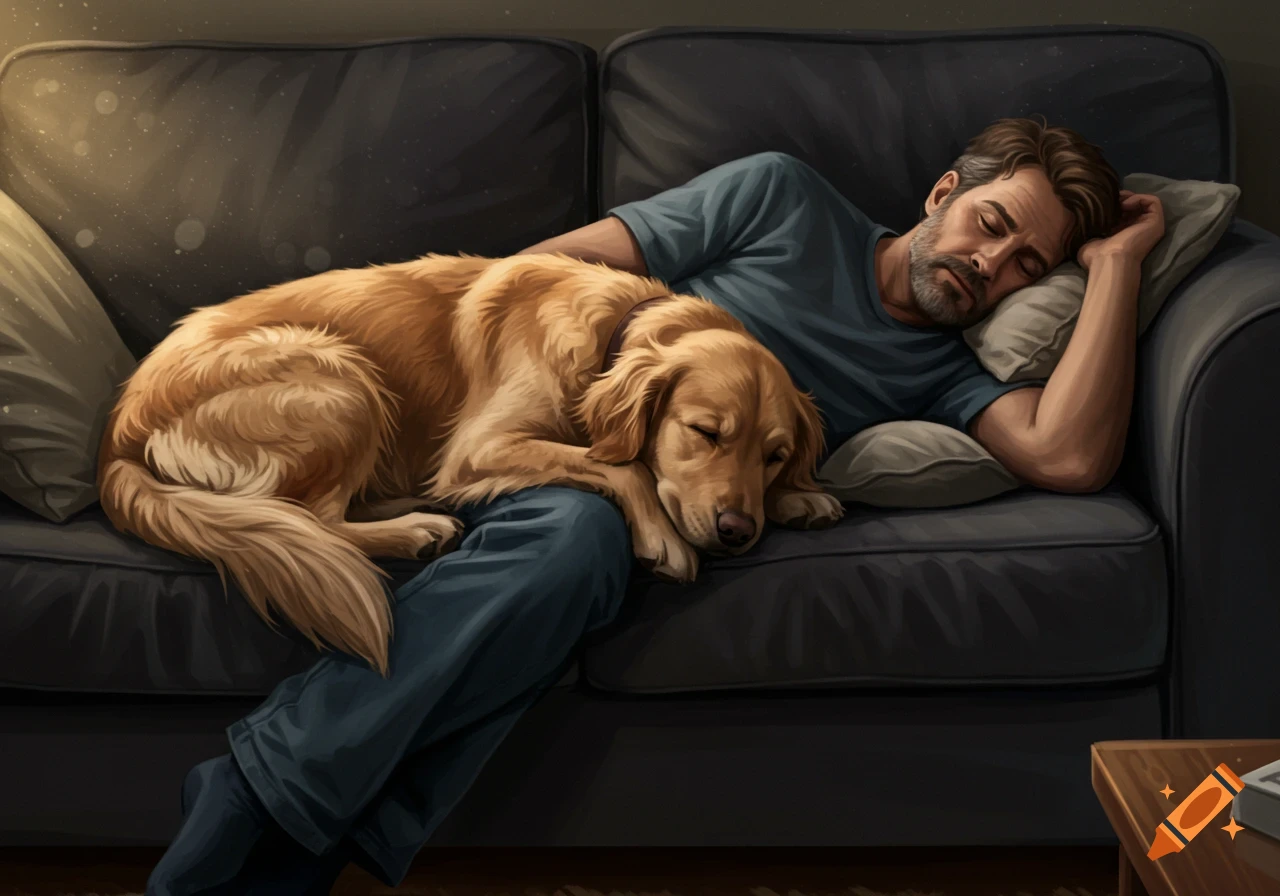 A man and a golden retriever dog sleeping peacefully on a dark grey couch, bathed in warm, soft light.