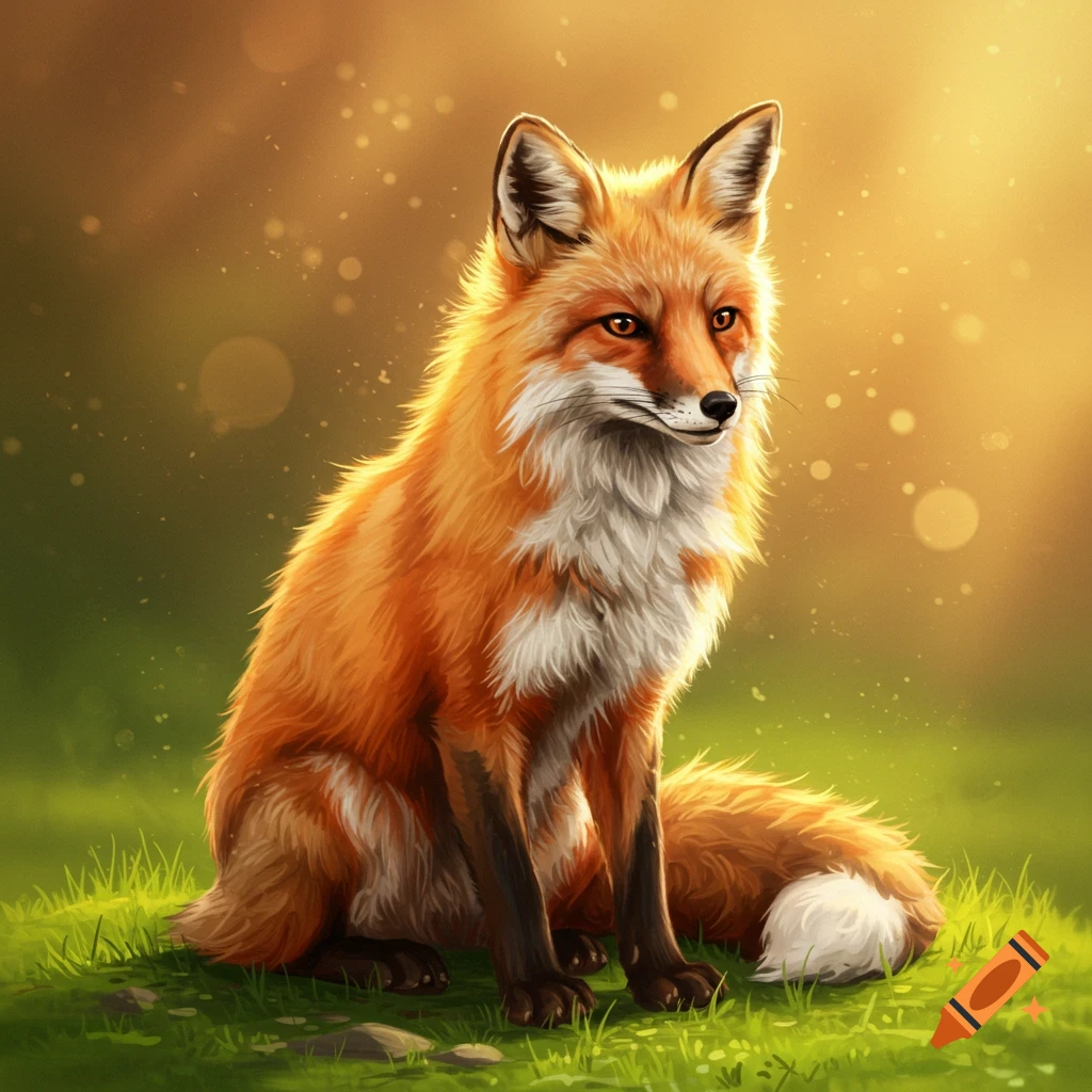 A vibrant orange fox with white markings sits on green grass, bathed in warm, glowing sunlight, digital art style.