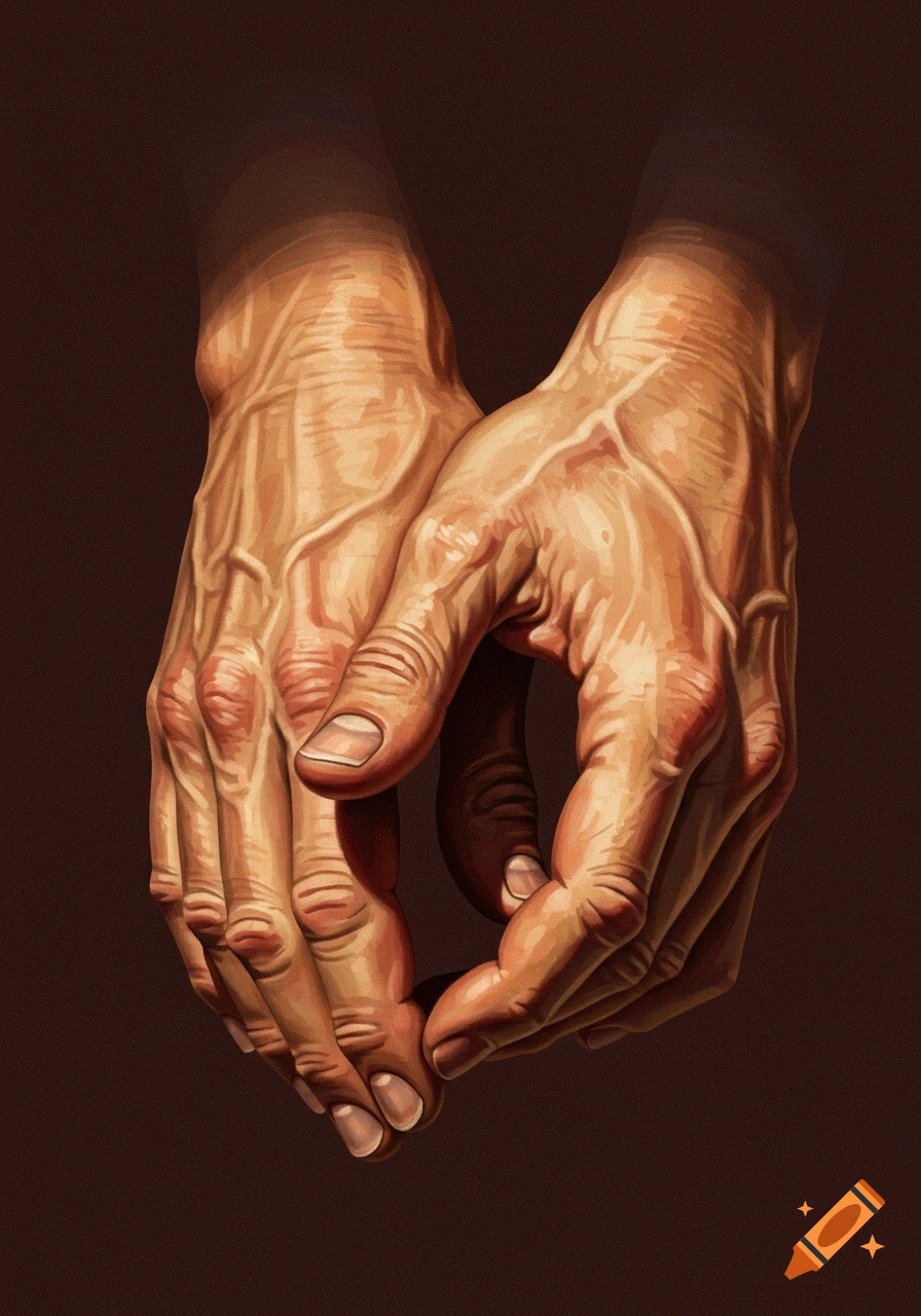 Two detailed hands, rendered with prominent veins and texture, clasped together on a dark background in a realistic style.