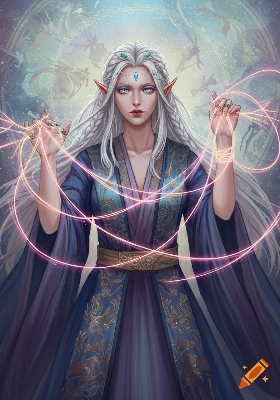 A digitally painted fantasy image of an elf-like woman with long white ...