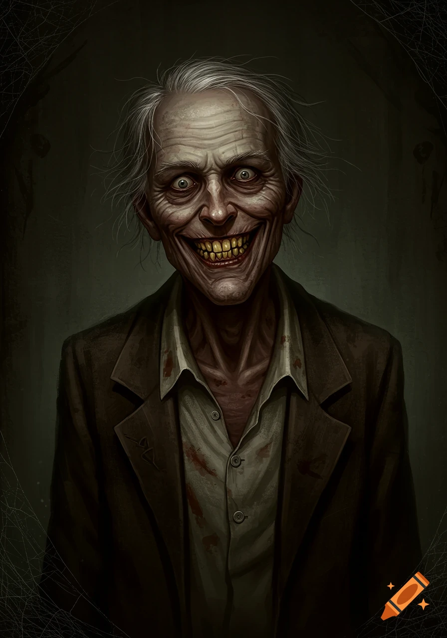 A close-up portrait of a creepy, pale old man with white hair, wide eyes, and a disturbing, toothy grin with yellowed teeth, wearing a stained shirt.