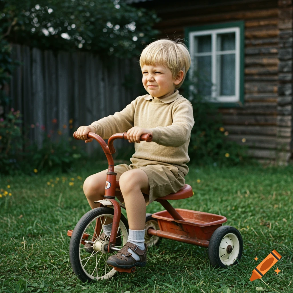 A young blonde boy in a brown outfit rides a red tricycle on a grassy lawn in front of a rustic wooden house, squinting in the sun.