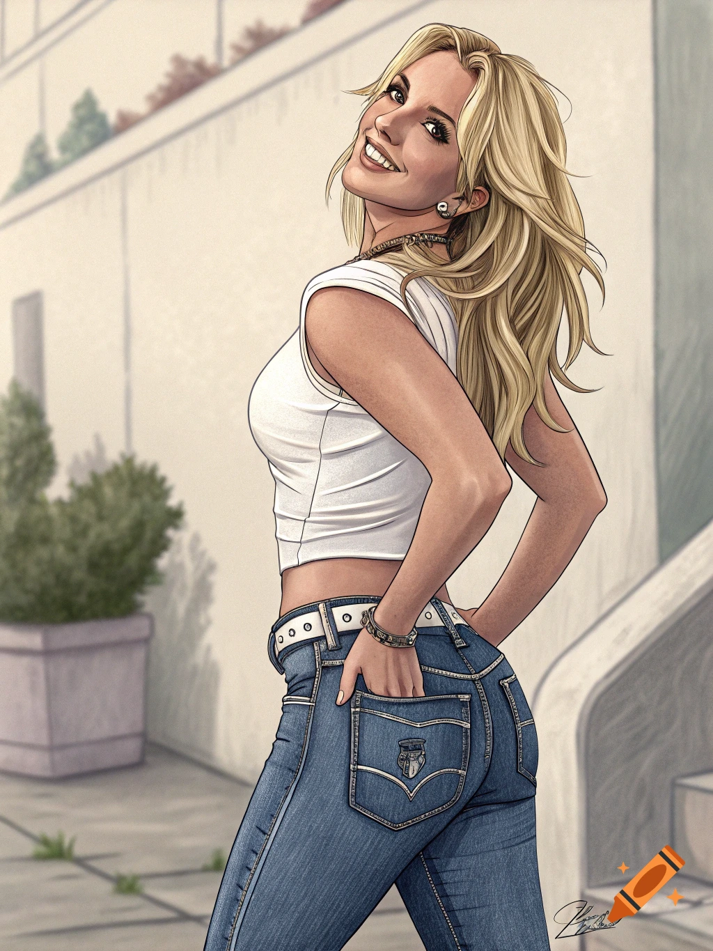An illustration of a smiling blonde woman in a white crop top and jeans, looking over her shoulder with her hands in her back pockets.