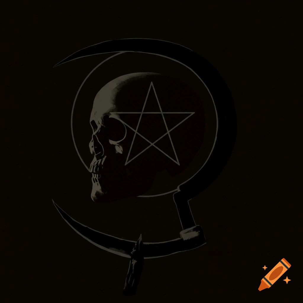 A dark silhouette of a skull in profile with a pentagram overlaid, set against a crescent shape resembling a sickle.