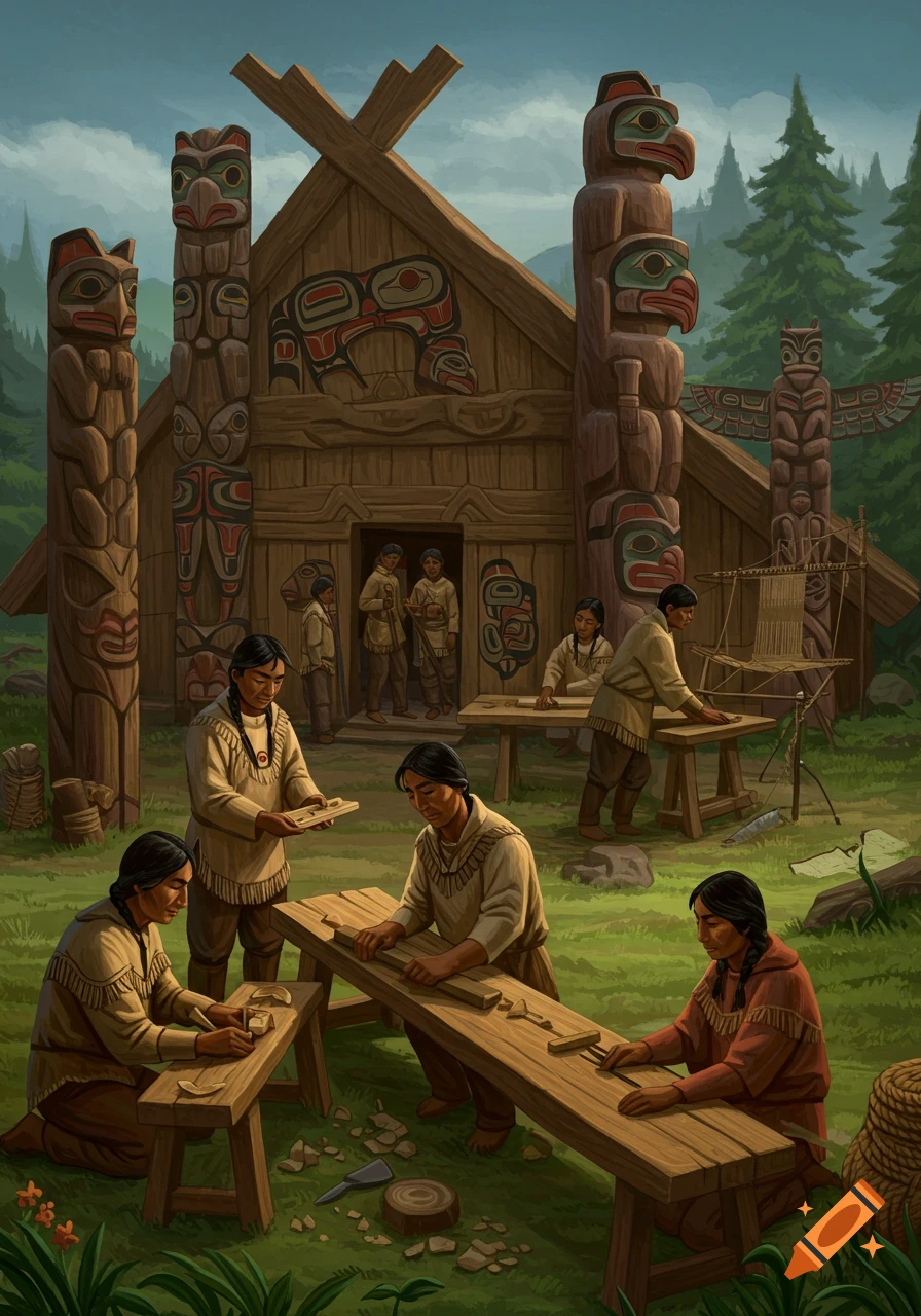 Indigenous people practice traditional woodworking and weaving outside a longhouse with totem poles in a forest, illustration.