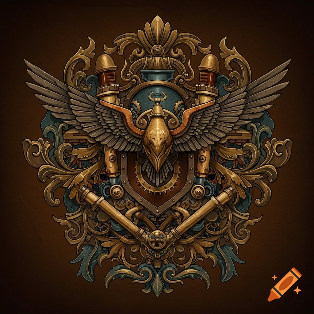 Detailed steampunk crest with a metallic bird's head, wings, gears, pipes, and ornate golden flourishes on a brown background.