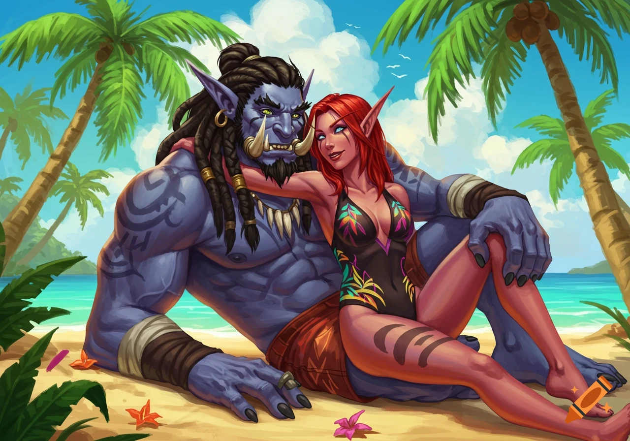 A Zandalari troll and a blood elf in swimwear cuddling on a tropical beach, in a stylized fantasy art style.