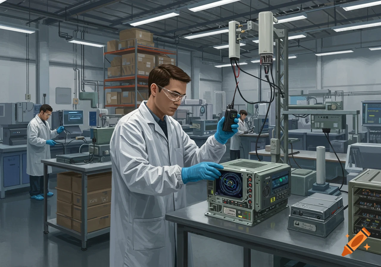 Two lab technicians in lab coats and gloves work with electronic equipment in a large industrial facility.