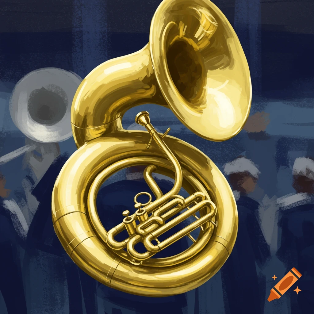 A golden brass sousaphone prominently displayed with blurred figures of musicians in the background.