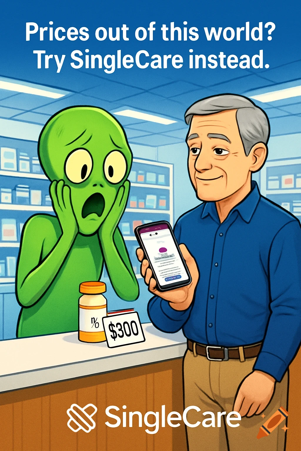 A cartoon ad showing a shocked green alien next to a man holding a phone displaying the SingleCare website in a pharmacy. Text reads: 'Prices out of this world? Try SingleCare instead.'