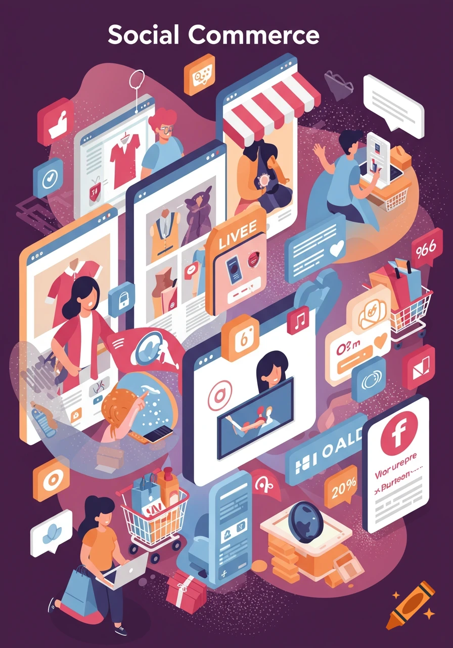 An isometric illustration depicts various elements of social commerce, with people interacting on mobile devices and computers, alongside shopping carts, social media interfaces, and digital storefronts.