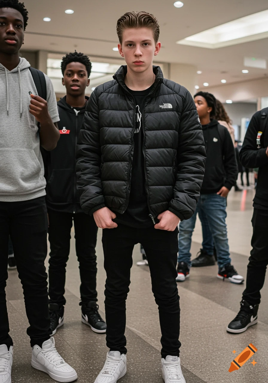 A serious young white male in a black puffer jacket and black jeans stands in a mall with other teenagers around him.