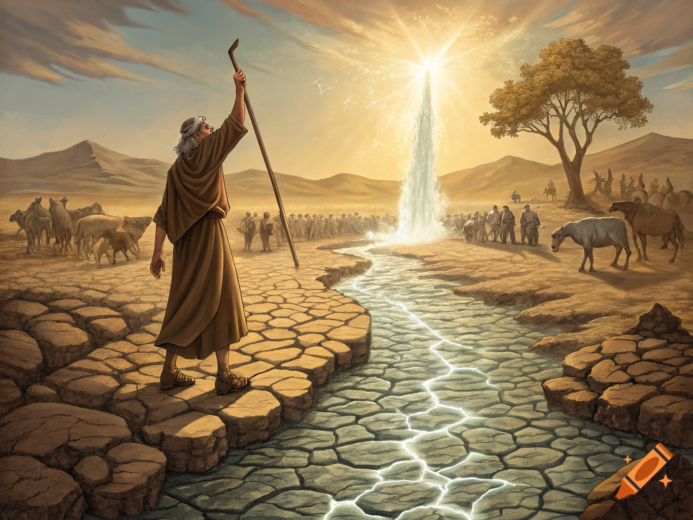 Moses raises a staff, causing a radiant stream of water to burst from a cracked desert, flowing towards people and animals.