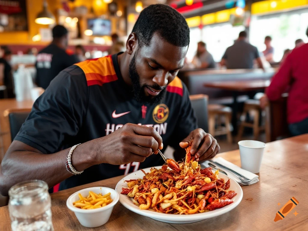 Man in a black and orange Houston Rockets jersey eating a large plate of crawfish and fries at a restaurant.