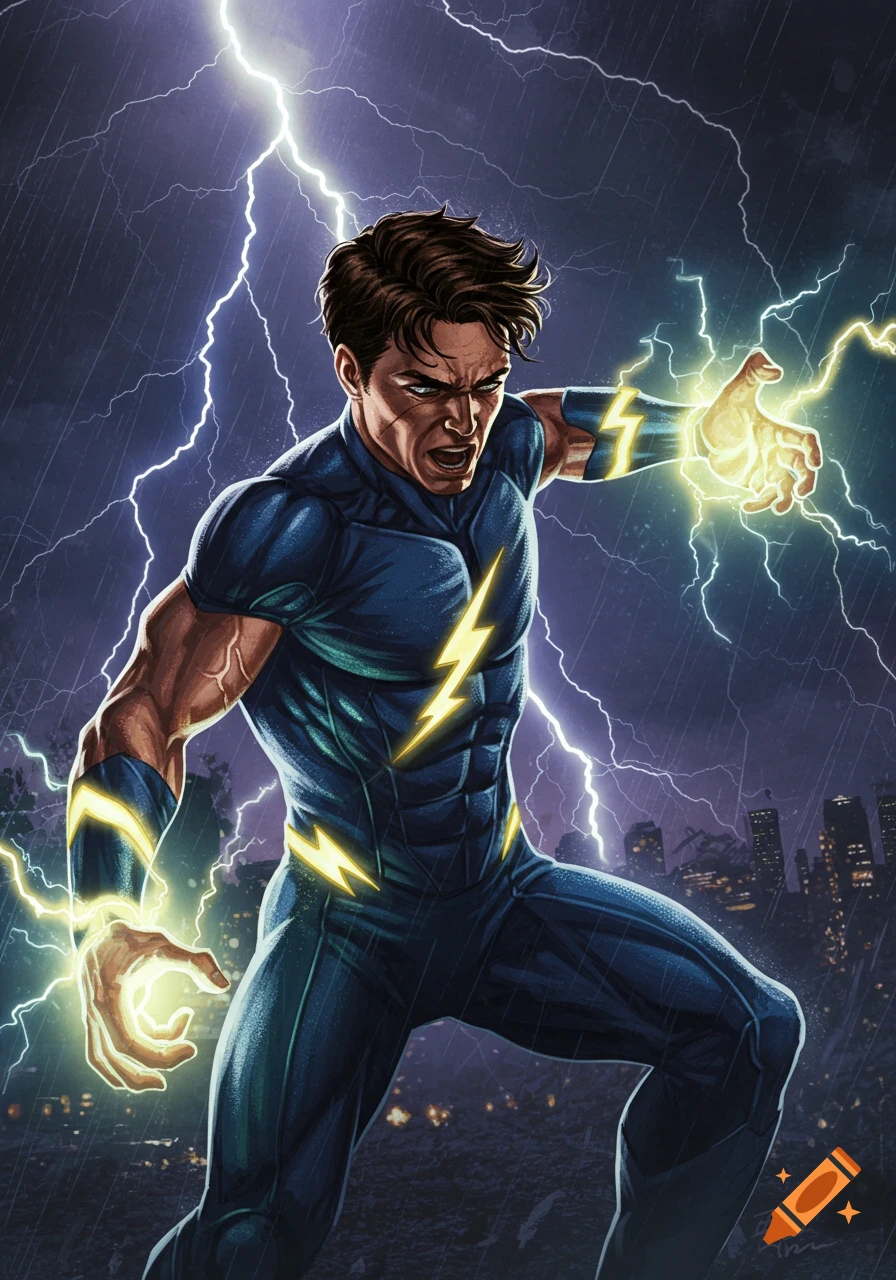 Muscular superhero in a blue suit with lightning bolts, conjuring electricity amidst a stormy city.