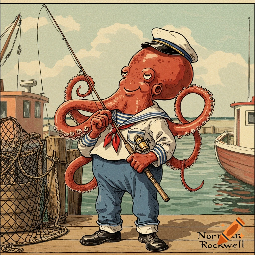 A red octopus dressed as a sailor stands on a wooden pier, holding a fishing rod. The image is in a vintage illustration style.