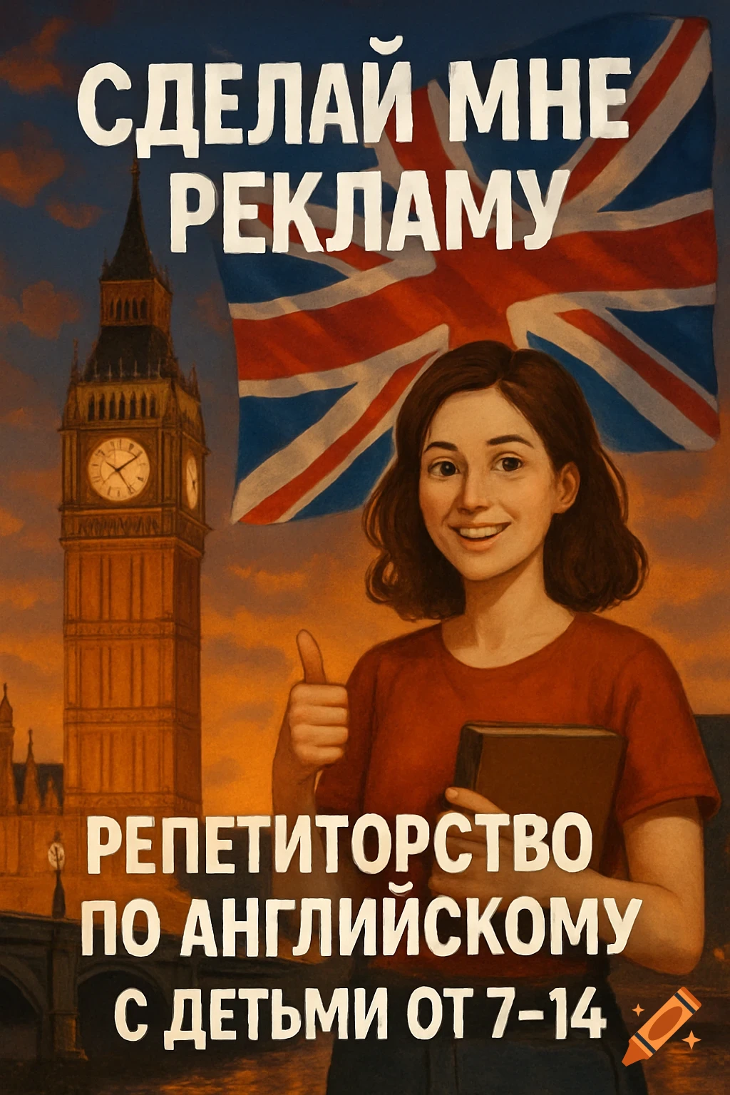 Smiling woman gives a thumbs-up with Big Ben and Union Jack flag under an orange evening sky; Russian text advertises English tutoring.