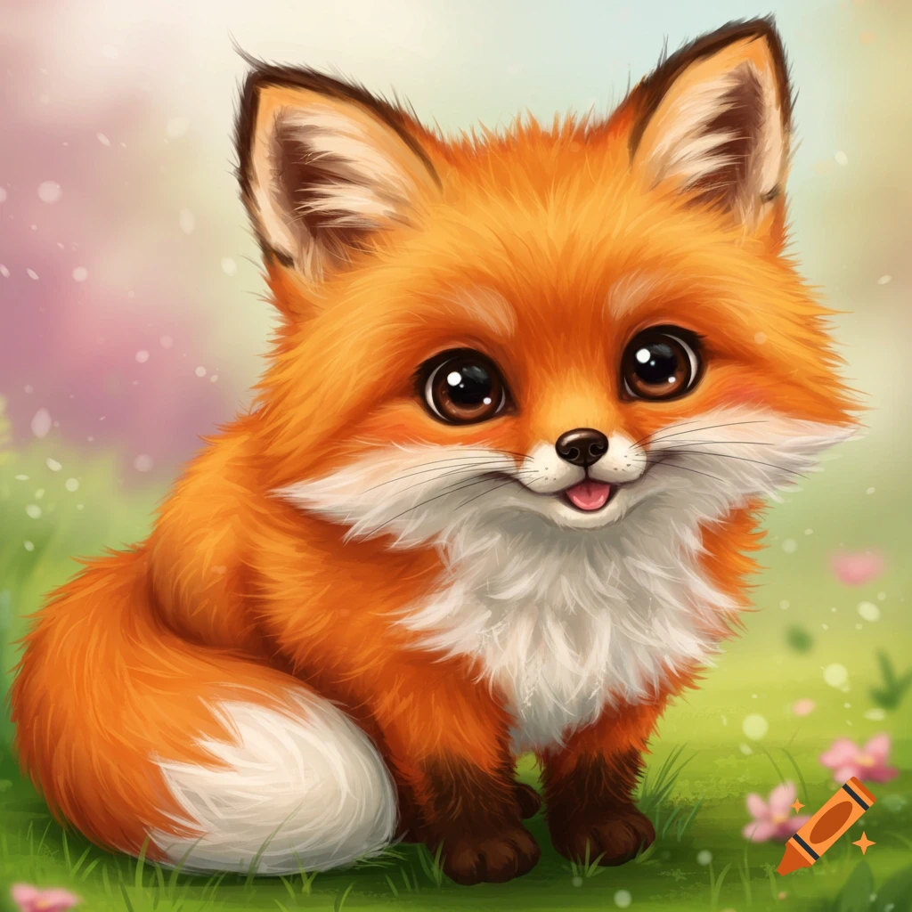 A cute, fluffy orange fox with big eyes sits in a grassy, pastel outdoor setting, smiling.