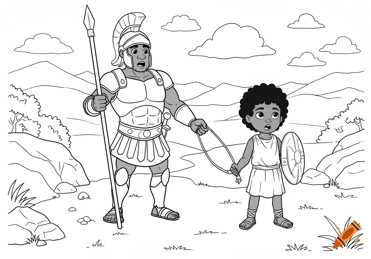 A black-and-white cartoon coloring page of the biblical David and Goliath. Goliath is a large armored warrior holding a spear, and young David is a small boy holding a sling and shield, in a hilly valley.