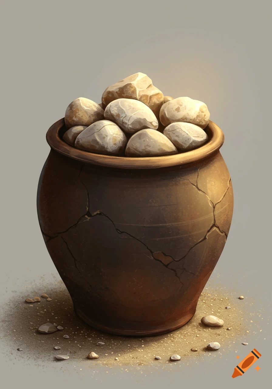 An illustrative depiction of a brown ceramic pot filled with light-colored rocks, sitting on a sandy surface.