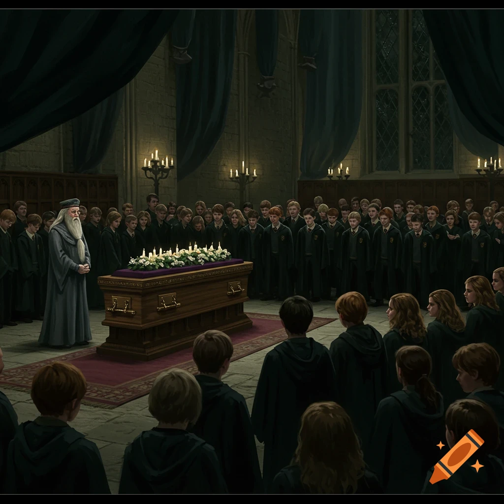 A wizard with a long beard stands by a coffin adorned with flowers and candles in a grand hall, surrounded by many students attending a funeral.