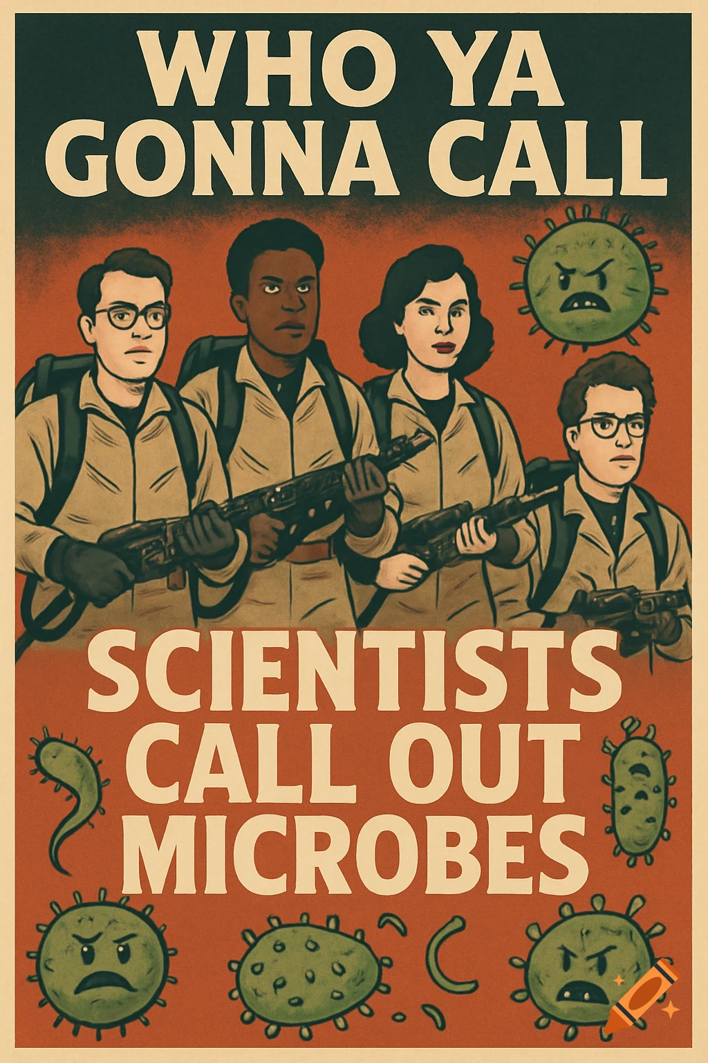 A retro-style poster showing four cartoon scientists, resembling Ghostbusters, aiming weapons at angry microbes, with text 'WHO YA GONNA CALL' and 'SCIENTISTS CALL OUT MICROBES'.