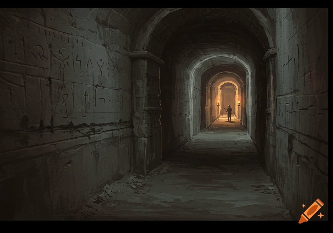 A lone figure walks down a dark, arched stone catacomb corridor with ancient carvings on the walls, illuminated by torches at the distant end.