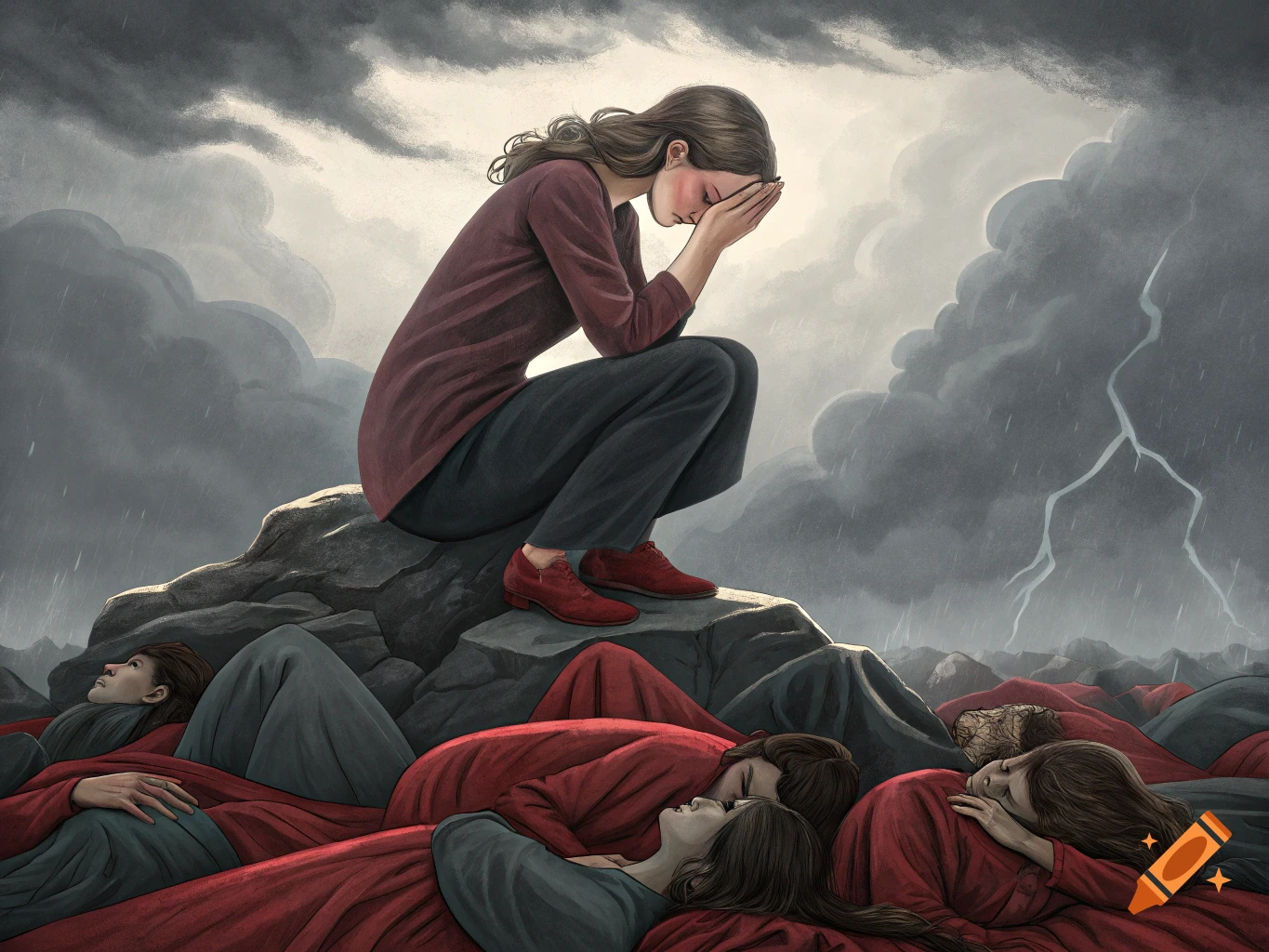 An illustration of a woman crouching on a rock, head bowed in despair, surrounded by other figures lying on the ground under a stormy sky with lightning.