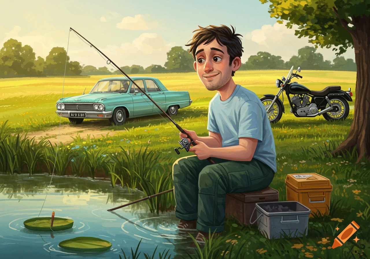 Illustrated man fishing in a pond with a vintage car and motorcycle in a sunny countryside field.