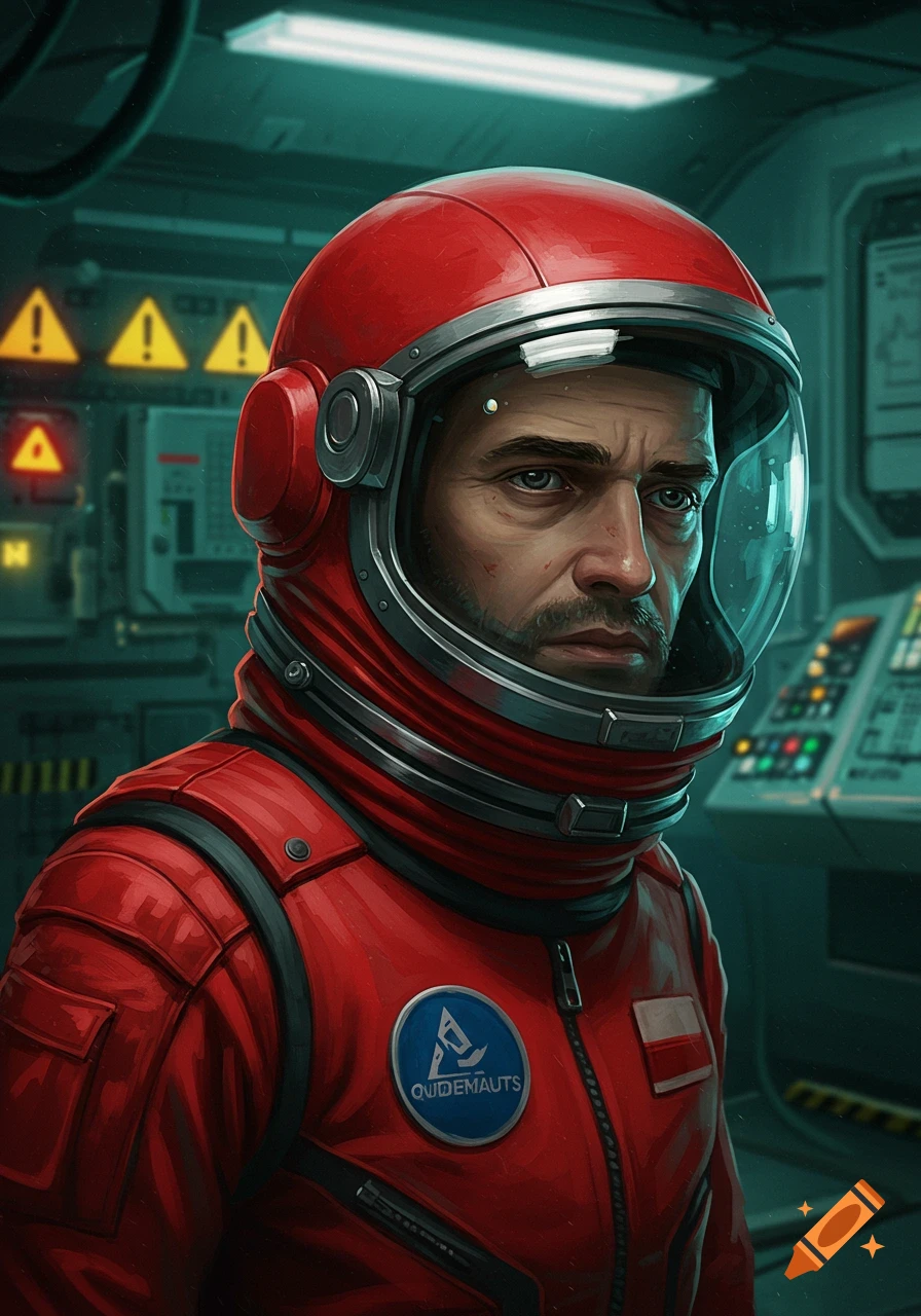 A hyperrealistic portrait of a man in a red astronaut suit and helmet, with a serious expression, in a spaceship interior with control panels and warning signs.